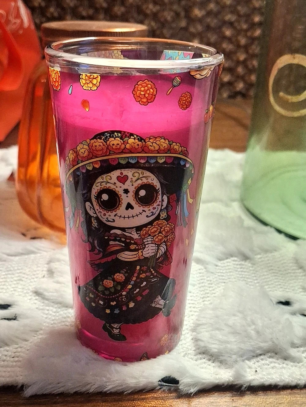 Pink Floral Day Of Dead Candle